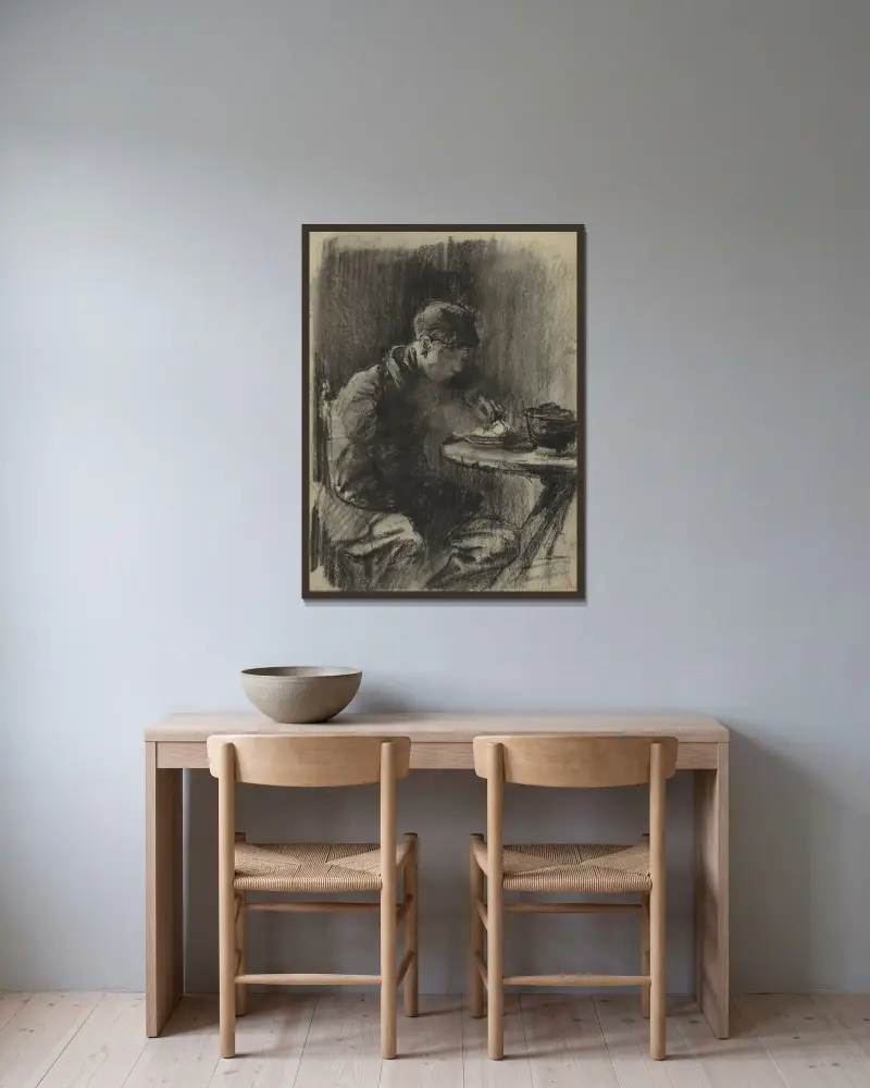 Pojke som äter potatis av Willem Witsen inramad på en vägg