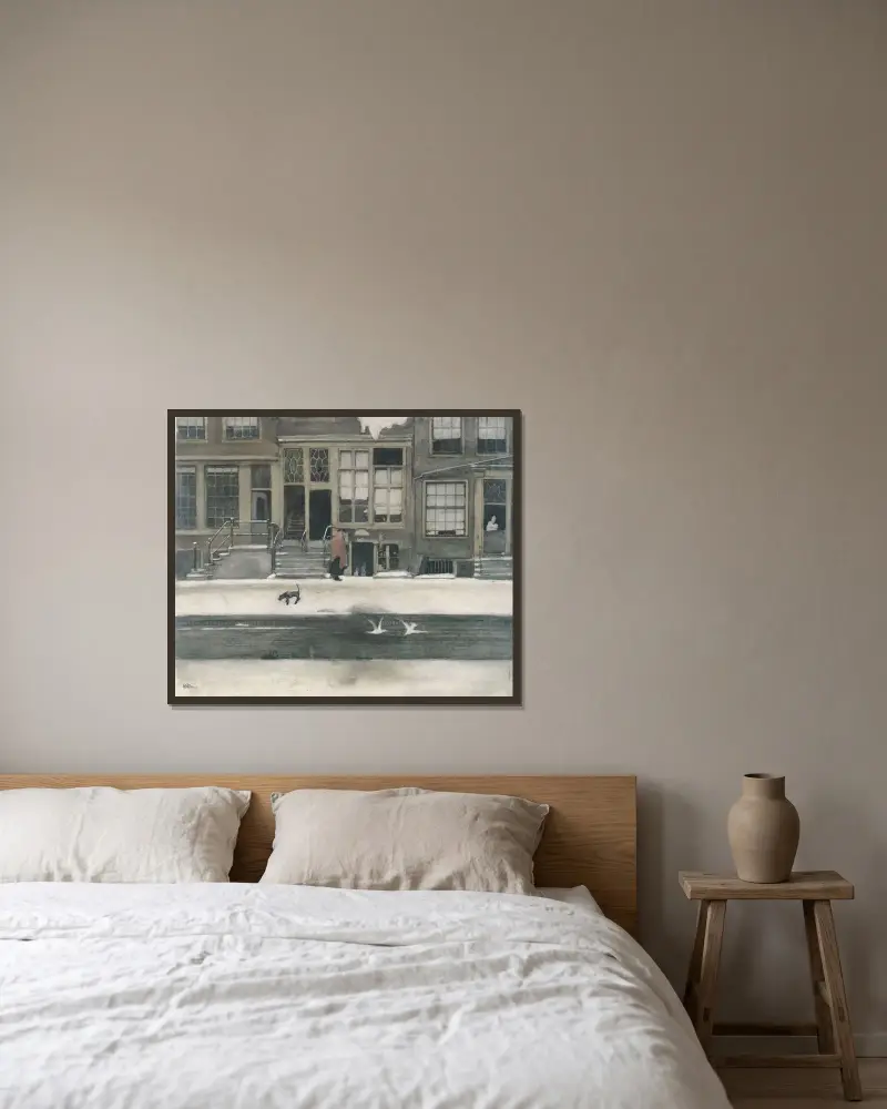Kromboomsloot i Amsterdam av Willem Witsen inramad på en vägg