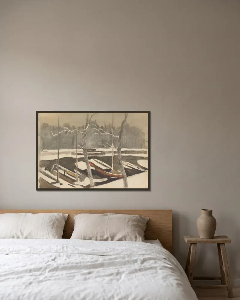 Gemeerde schuiten aan een besneeuwde grach av Willem Witsen inramad på en vägg