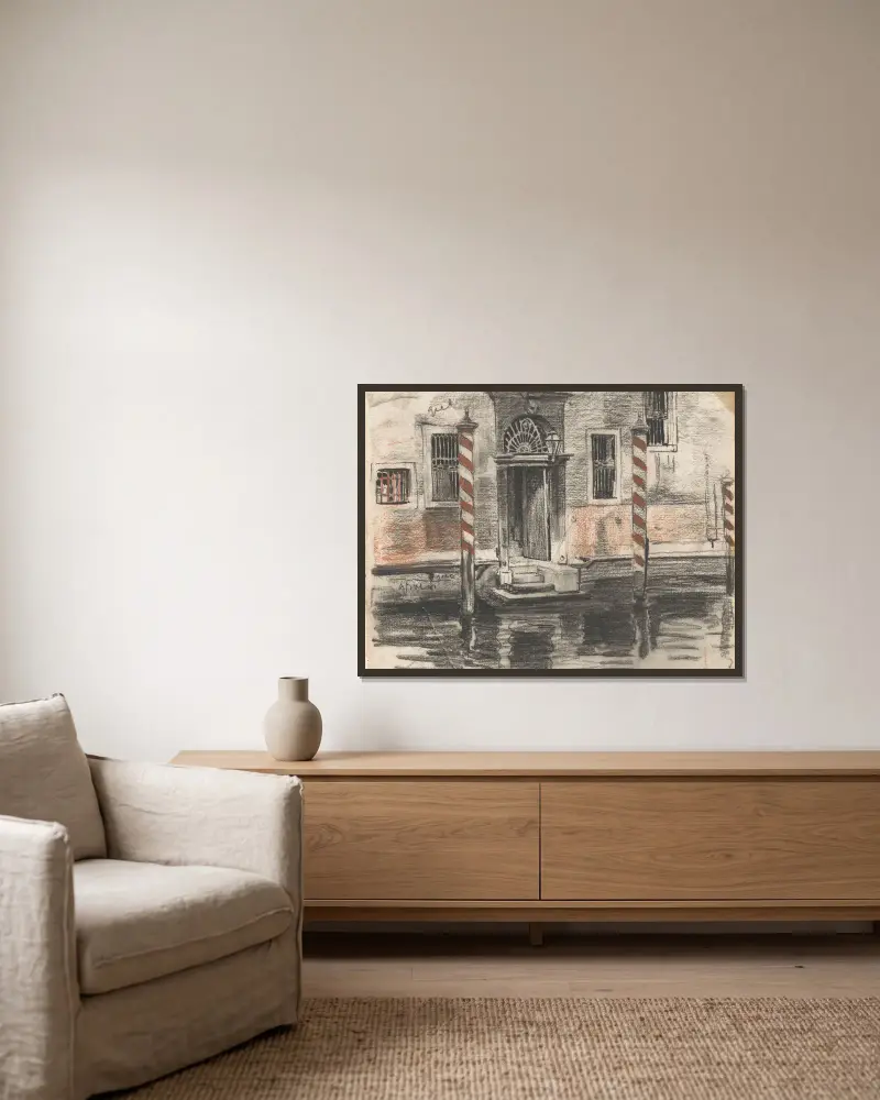 Huis aan de Canale Grande te Venetië, met kleurnotities av Willem Witsen inramad på en vägg