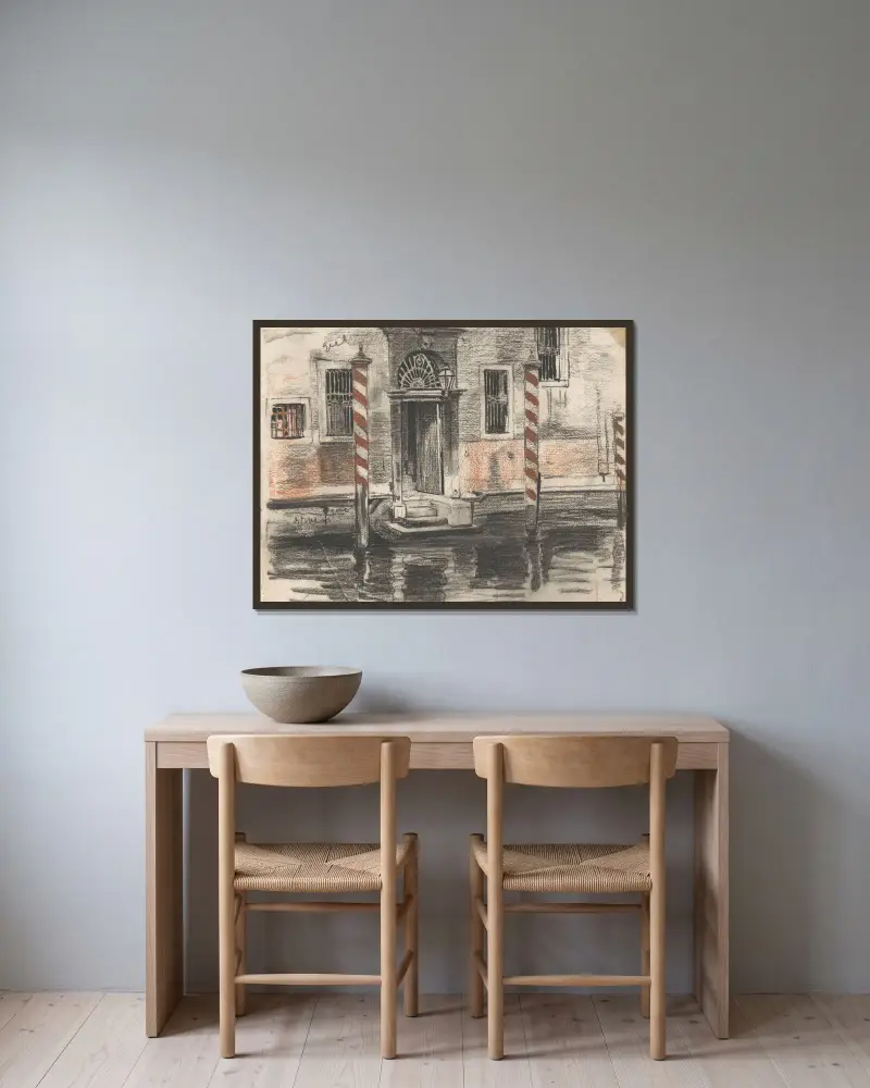 Huis aan de Canale Grande te Venetië, met kleurnotities av Willem Witsen inramad på en vägg