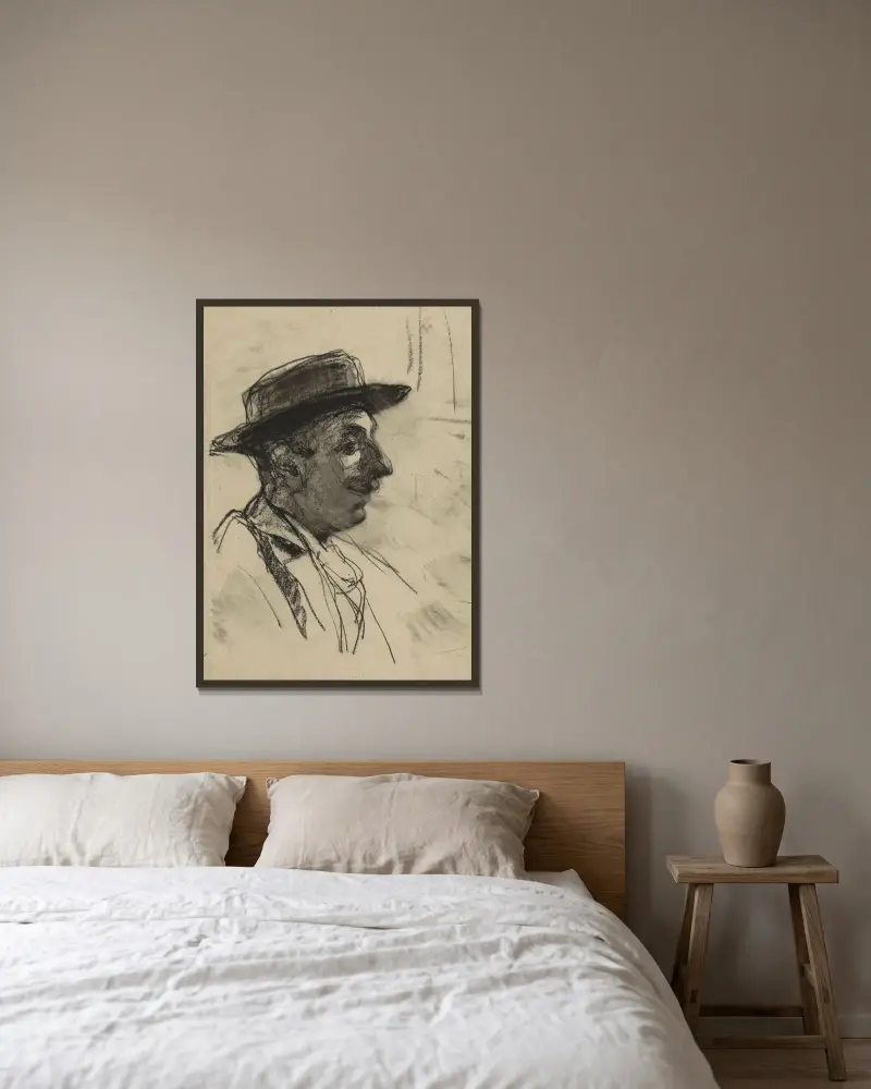 Man med hatt av Willem Witsen inramad på en vägg
