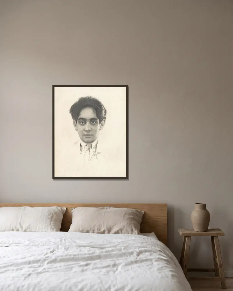 Porträtt av en halv indisk pojke (Toorop) av Willem Witsen inramad på en vägg