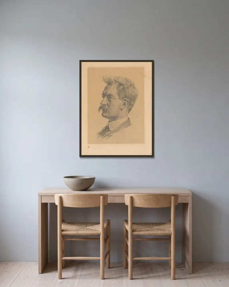 Portret van Jan Hofker av Willem Witsen inramad på en vägg