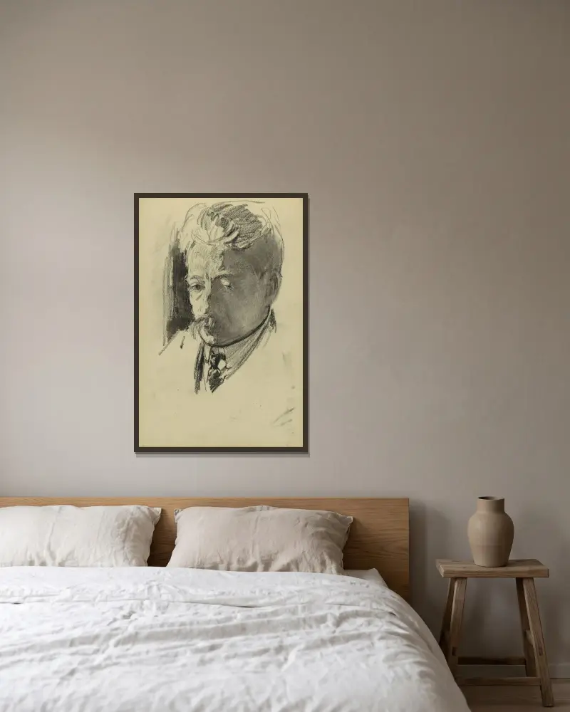 Porträtt av författaren Jan Hofker av Willem Witsen inramad på en vägg