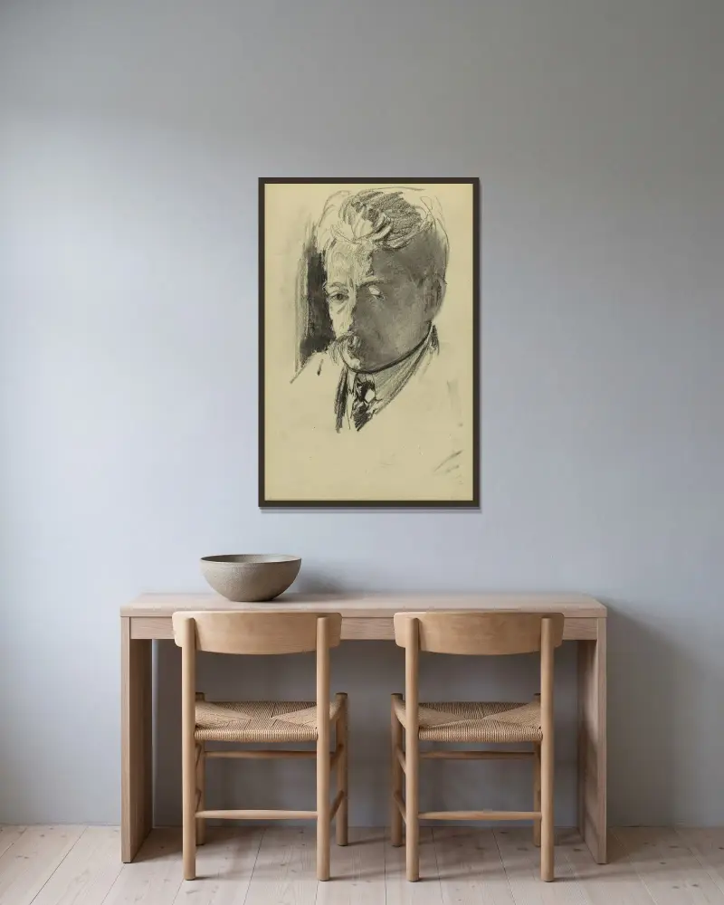 Porträtt av författaren Jan Hofker av Willem Witsen inramad på en vägg