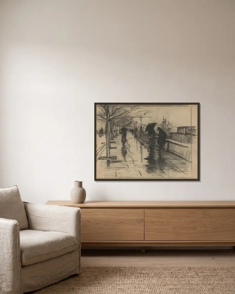 Regn, Thames Embankment i London av Willem Witsen inramad på en vägg