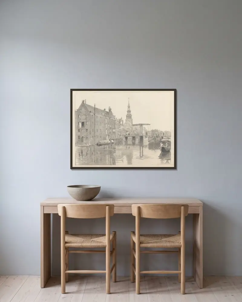 Stadsgezicht met de Montelbaanstoren av Willem Witsen inramad på en vägg