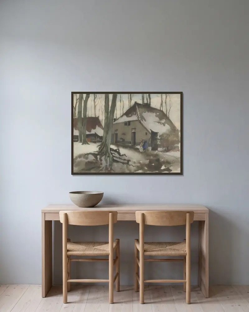 Frau vor einem Haus in einem verschneiten Wald von Willem Witsen gerahmt an einer Wand