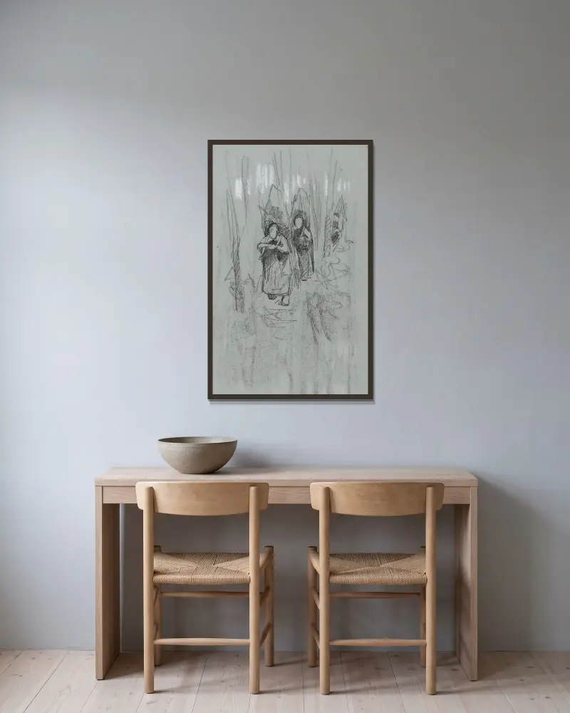 Kvinnor med risknippen i en skog av Willem Witsen inramad på en vägg