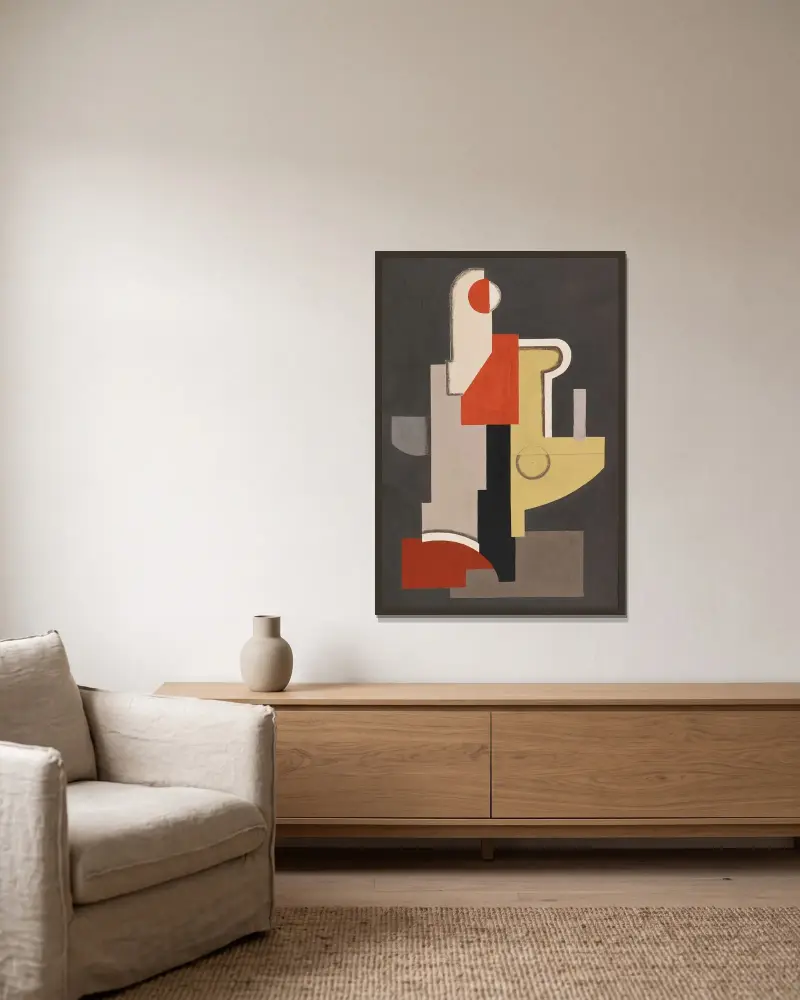 Abstraktion (Konstruktion Rot-Oliv III) von Willi Baumeister gerahmt an einer Wand