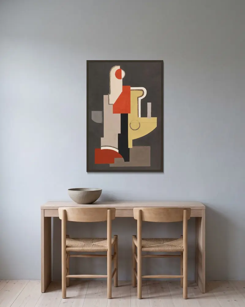 Abstraktion (Konstruktion Rot-Oliv III) von Willi Baumeister gerahmt an einer Wand