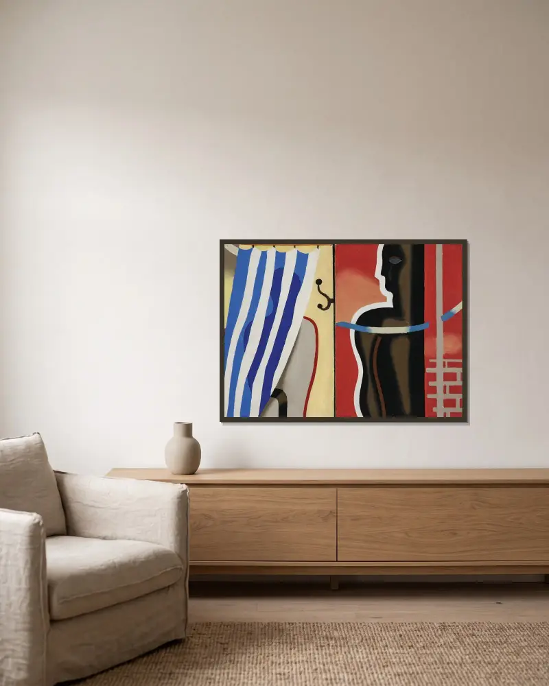 Badende vor roter Fläche von Willi Baumeister gerahmt an einer Wand