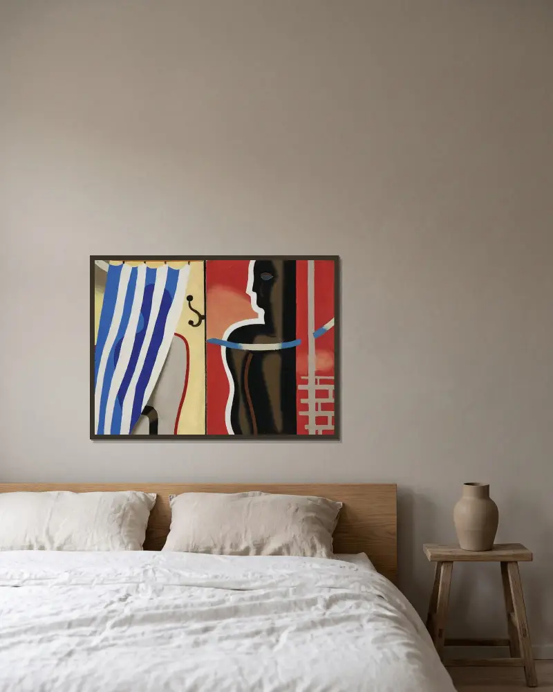 Badende vor roter Fläche von Willi Baumeister gerahmt an einer Wand
