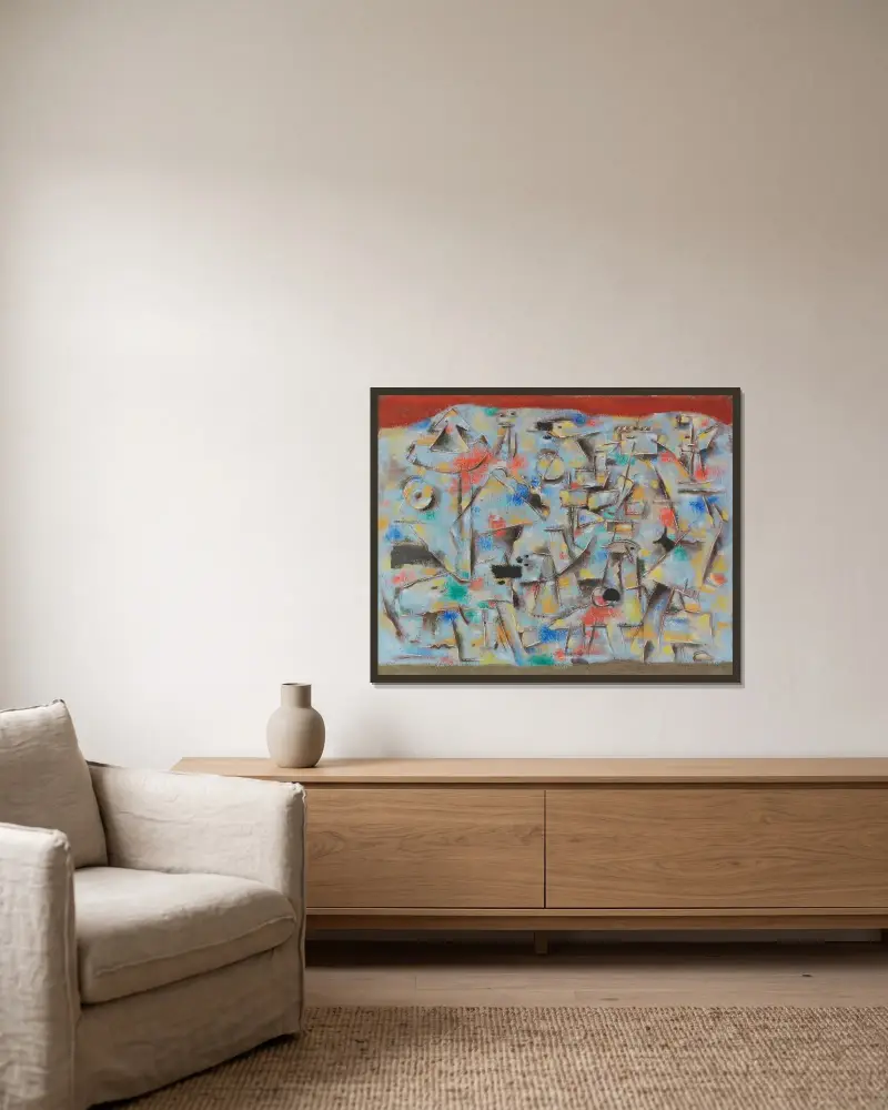 Blaue Figurenhalde von Willi Baumeister gerahmt an einer Wand