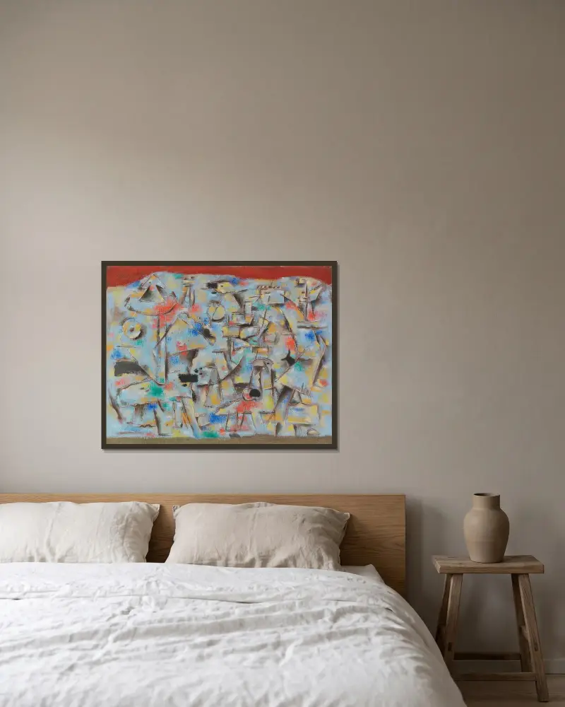 Blaue Figurenhalde von Willi Baumeister gerahmt an einer Wand