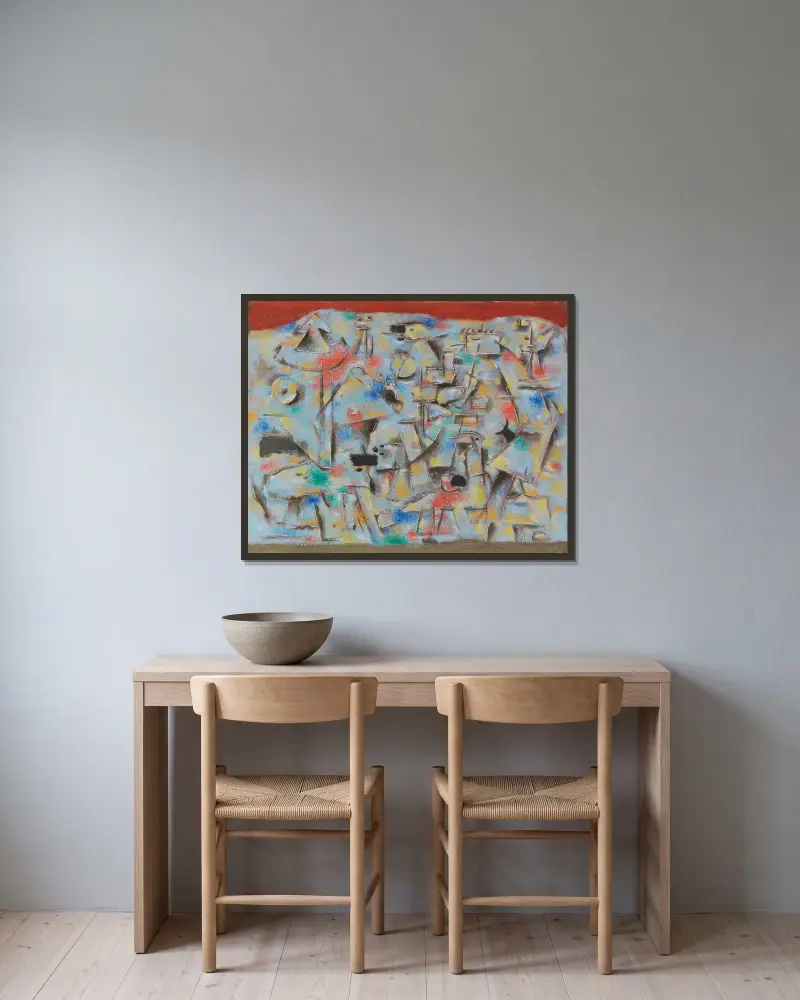 Blaue Figurenhalde von Willi Baumeister gerahmt an einer Wand