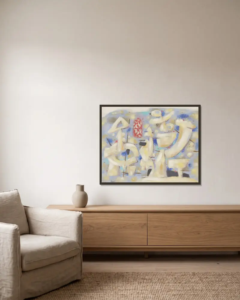 Figuren auf Blau von Willi Baumeister gerahmt an einer Wand