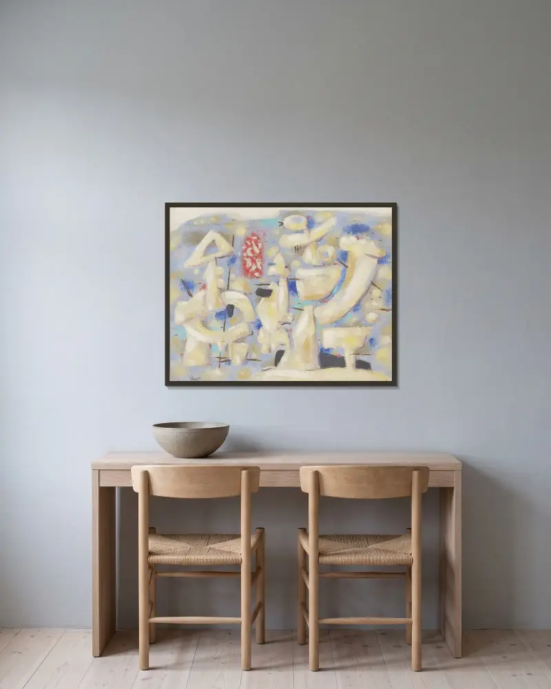 Figuren auf Blau von Willi Baumeister gerahmt an einer Wand