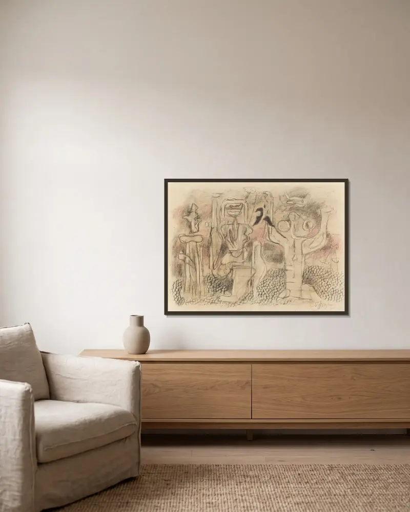 Figurengruppe mit Läufer von Willi Baumeister gerahmt an einer Wand