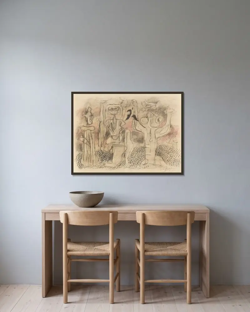 Figurengruppe mit Läufer von Willi Baumeister gerahmt an einer Wand