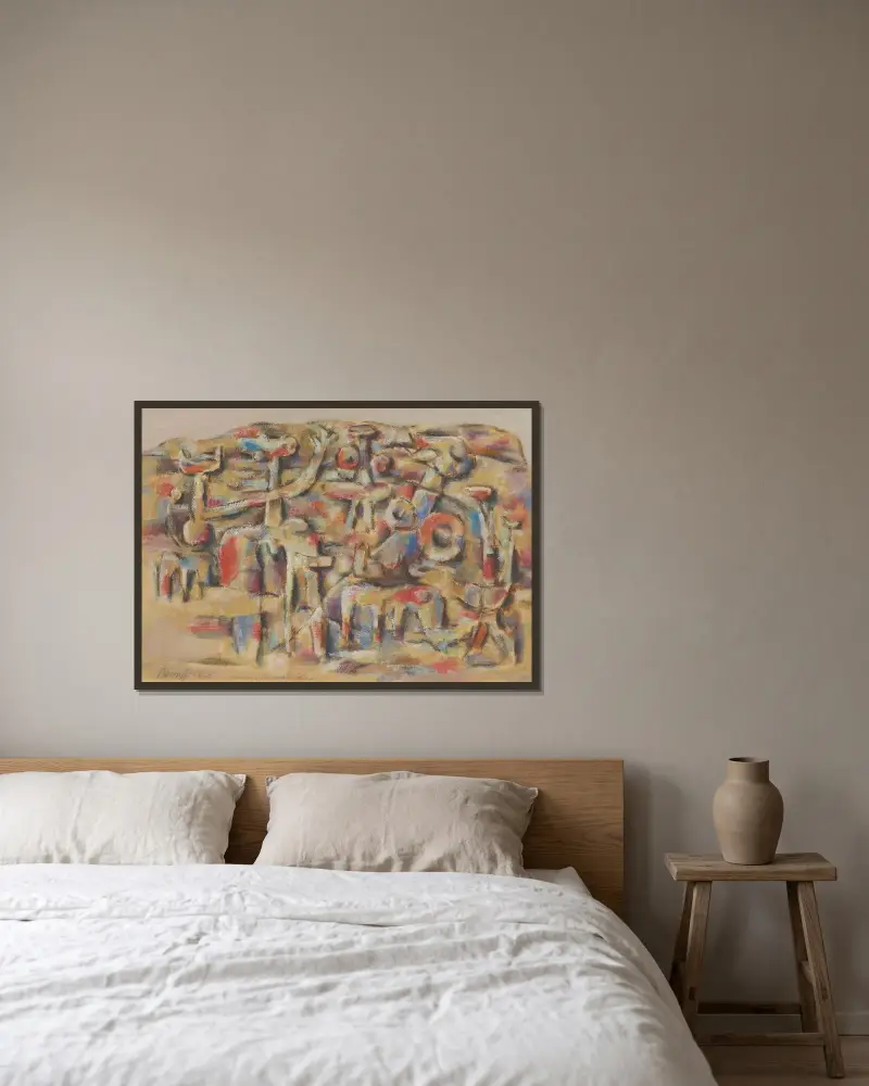Figurenmauer von Willi Baumeister gerahmt an einer Wand