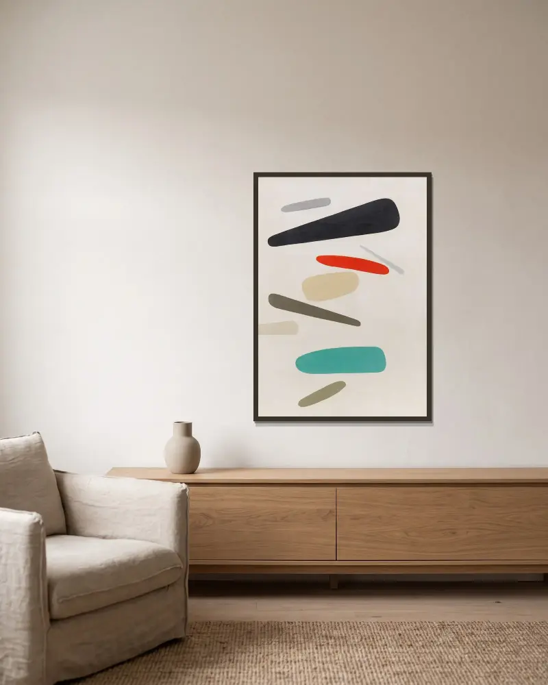 Formen farbig (Fliegende Formen) von Willi Baumeister gerahmt an einer Wand