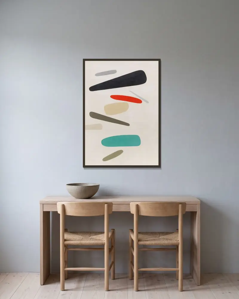 Formen farbig (Fliegende Formen) von Willi Baumeister gerahmt an einer Wand