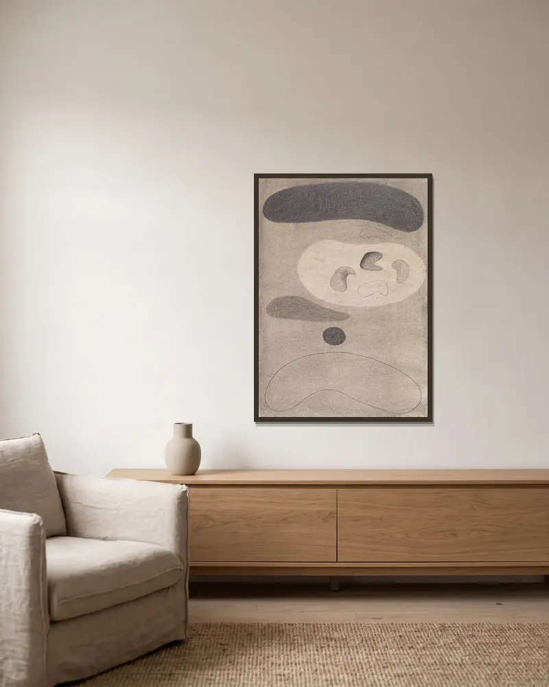 Formen-Ideogramm von Willi Baumeister gerahmt an einer Wand