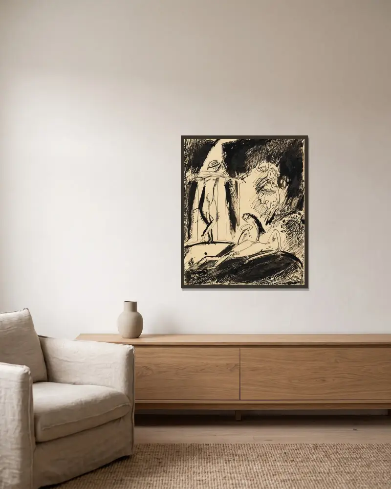 Interieur mit Figuren von Willi Baumeister gerahmt an einer Wand
