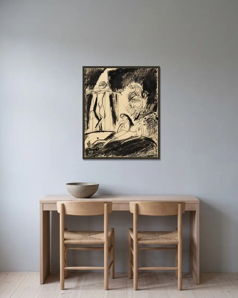 Interieur mit Figuren von Willi Baumeister gerahmt an einer Wand