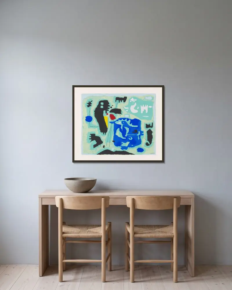 Komposition in Grün von Willi Baumeister gerahmt an einer Wand