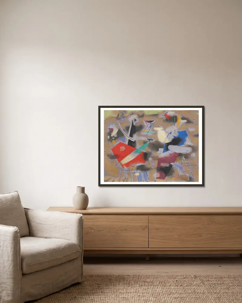 Ländliche Komposition (Violettes Bild) von Willi Baumeister gerahmt an einer Wand