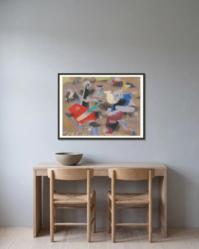 Ländliche Komposition (Violettes Bild) von Willi Baumeister gerahmt an einer Wand
