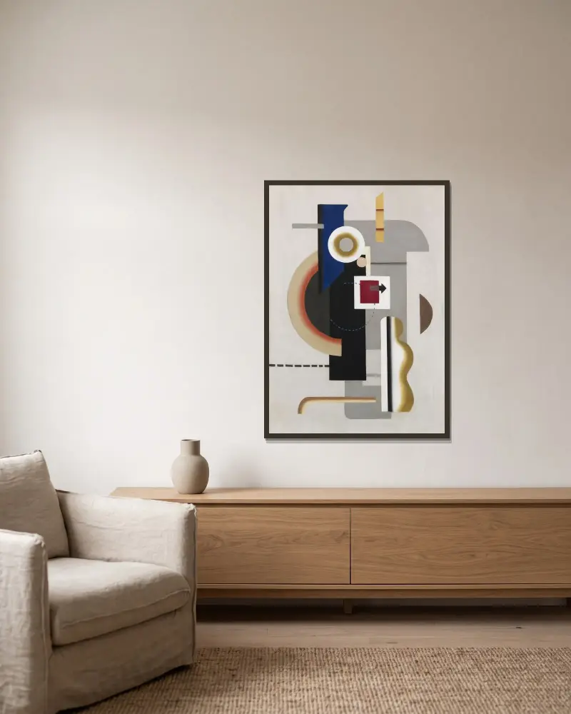 Maschine grau mit Pfeil II von Willi Baumeister gerahmt an einer Wand