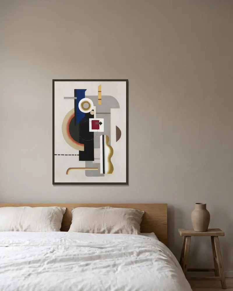 Maschine grau mit Pfeil II von Willi Baumeister gerahmt an einer Wand