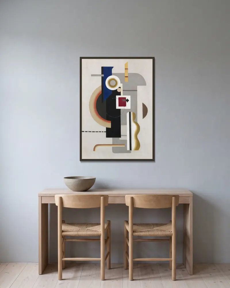 Maschine grau mit Pfeil II von Willi Baumeister gerahmt an einer Wand
