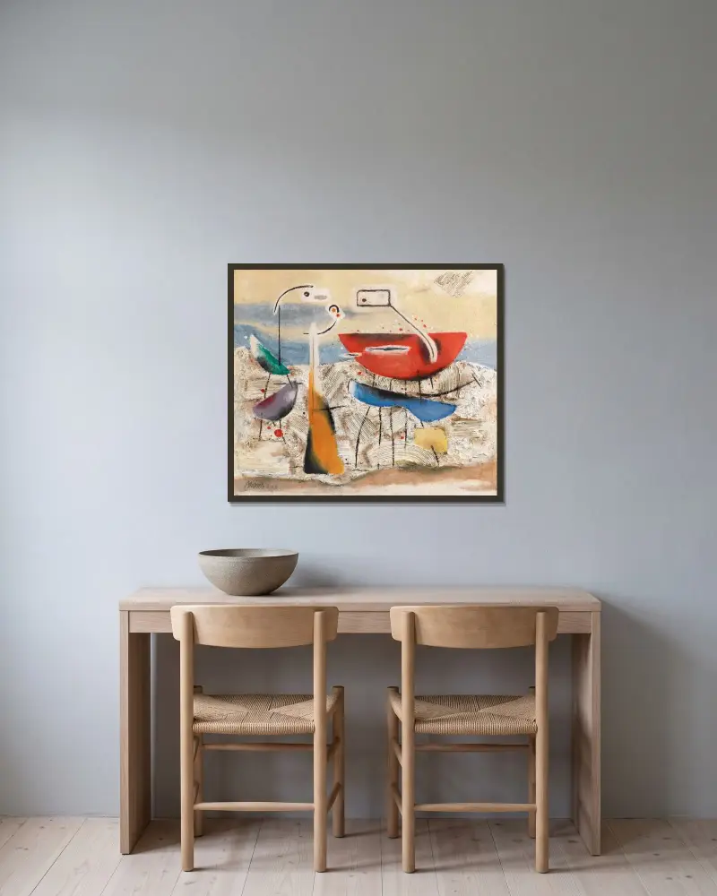 Metaphysische Landschaft von Willi Baumeister gerahmt an einer Wand