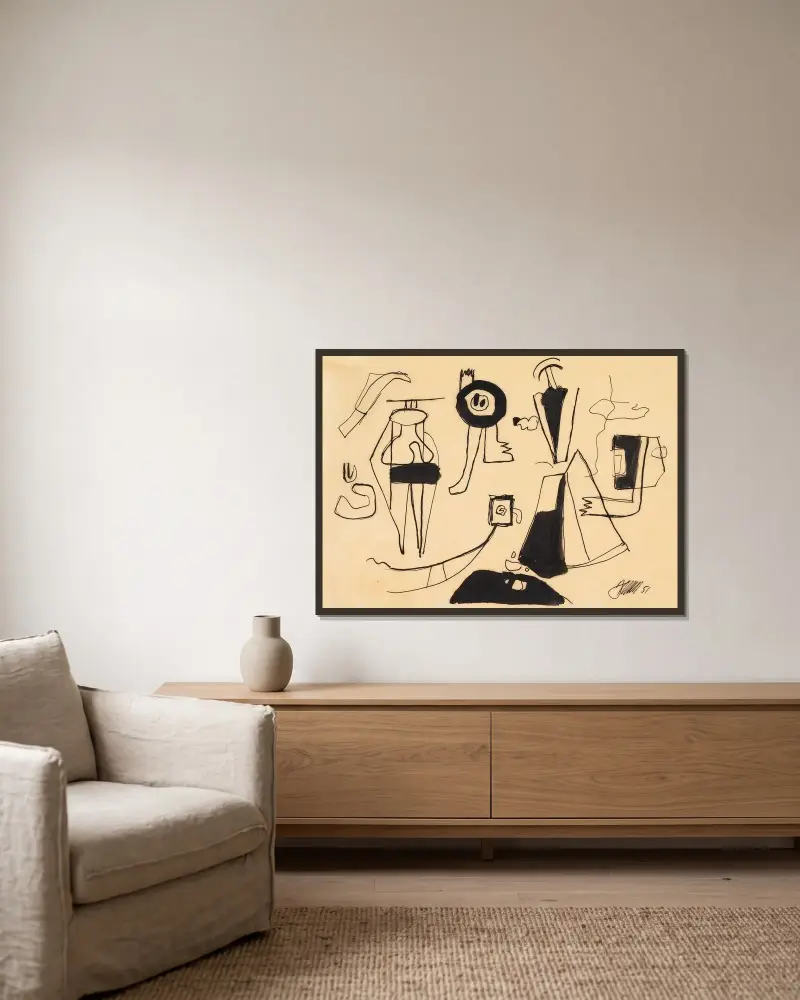Mit Fächerformen von Willi Baumeister gerahmt an einer Wand