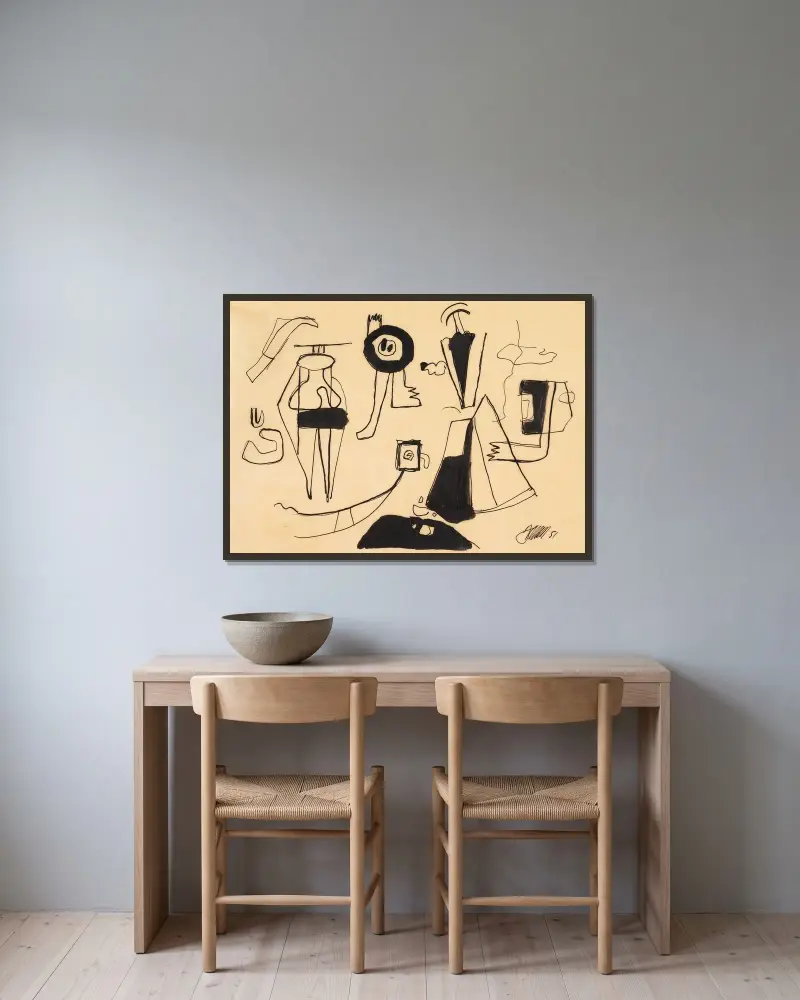 Mit Fächerformen von Willi Baumeister gerahmt an einer Wand