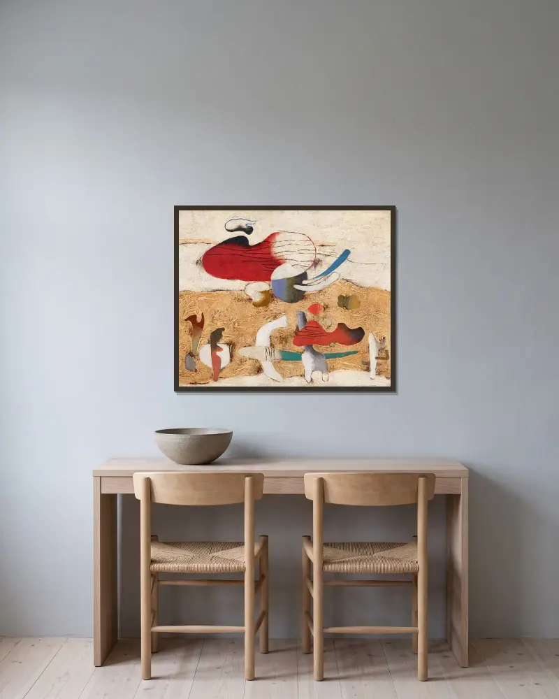Mit Horizontlinie – Kleines Eidosbild von Willi Baumeister gerahmt an einer Wand