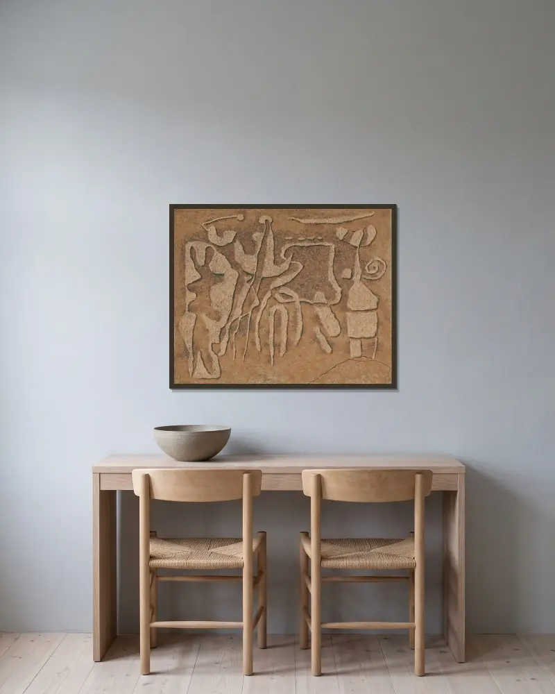 Urrwo (Braunes Reliefbild) von Willi Baumeister gerahmt an einer Wand