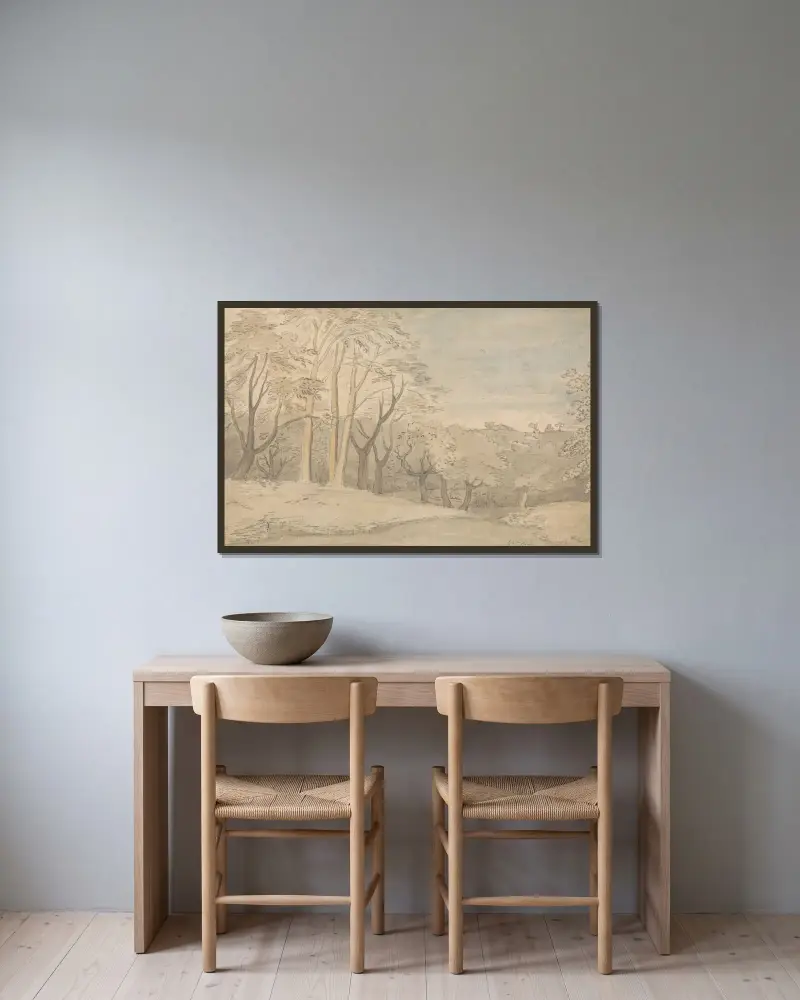 Eine waldige Landschaft von William Blake gerahmt an einer Wand