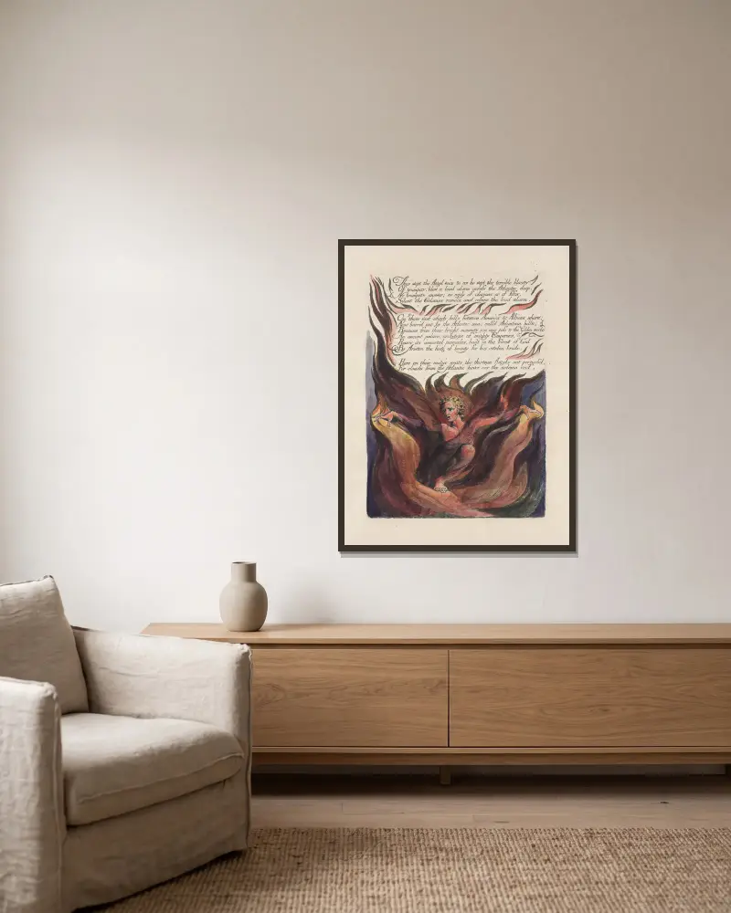 America, a prophecy Pl.12 av William Blake inramad på en vägg