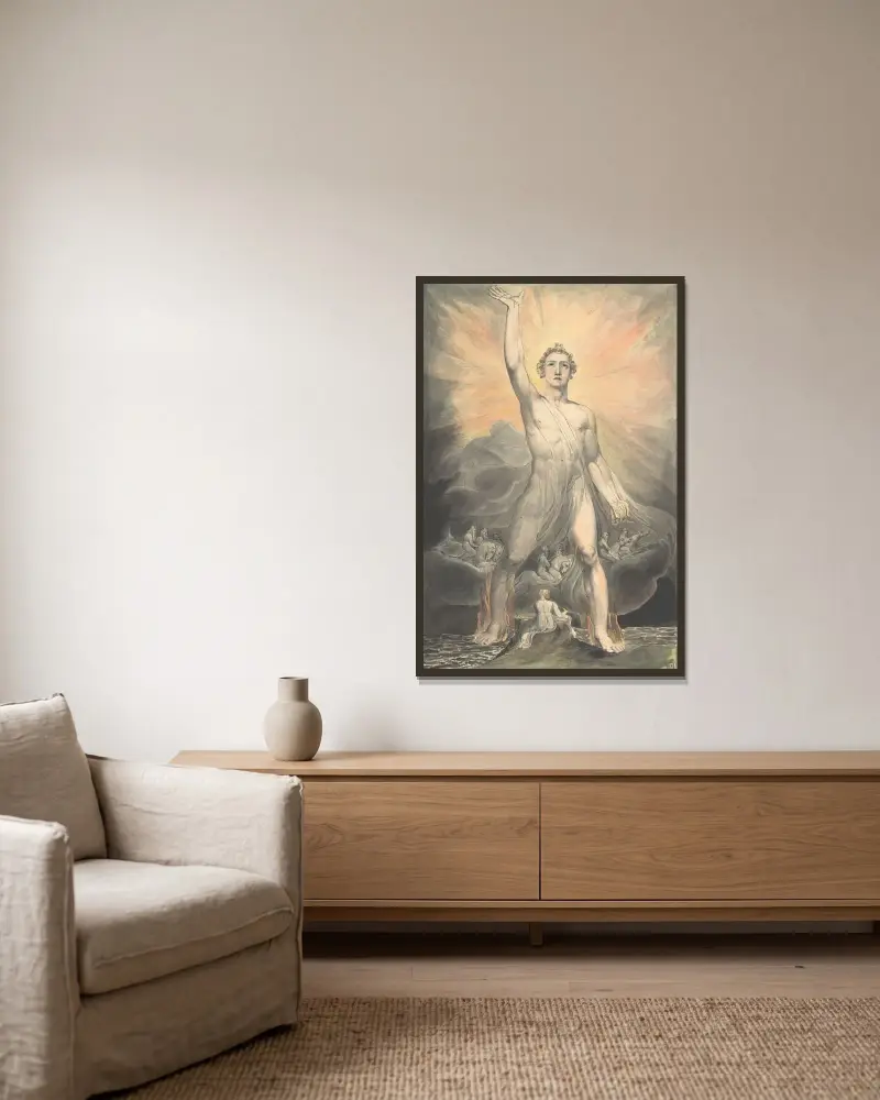 Angel of the Revelation (Book of Revelation, chapter 10) (ca. 1803–5) av William Blake inramad på en vägg