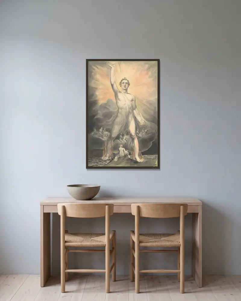 Angel of the Revelation (Book of Revelation, chapter 10) (ca. 1803–5) av William Blake inramad på en vägg