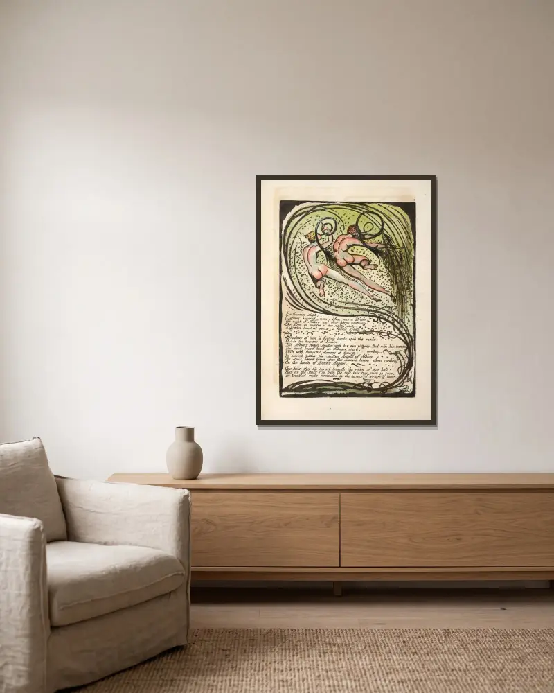 Enitharmon spala…, 1794 – Nr. 2, William Blake v rámu na stěně