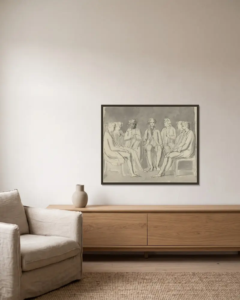 Group of Men Seated in a Circle (recto) av William Blake inramad på en vägg