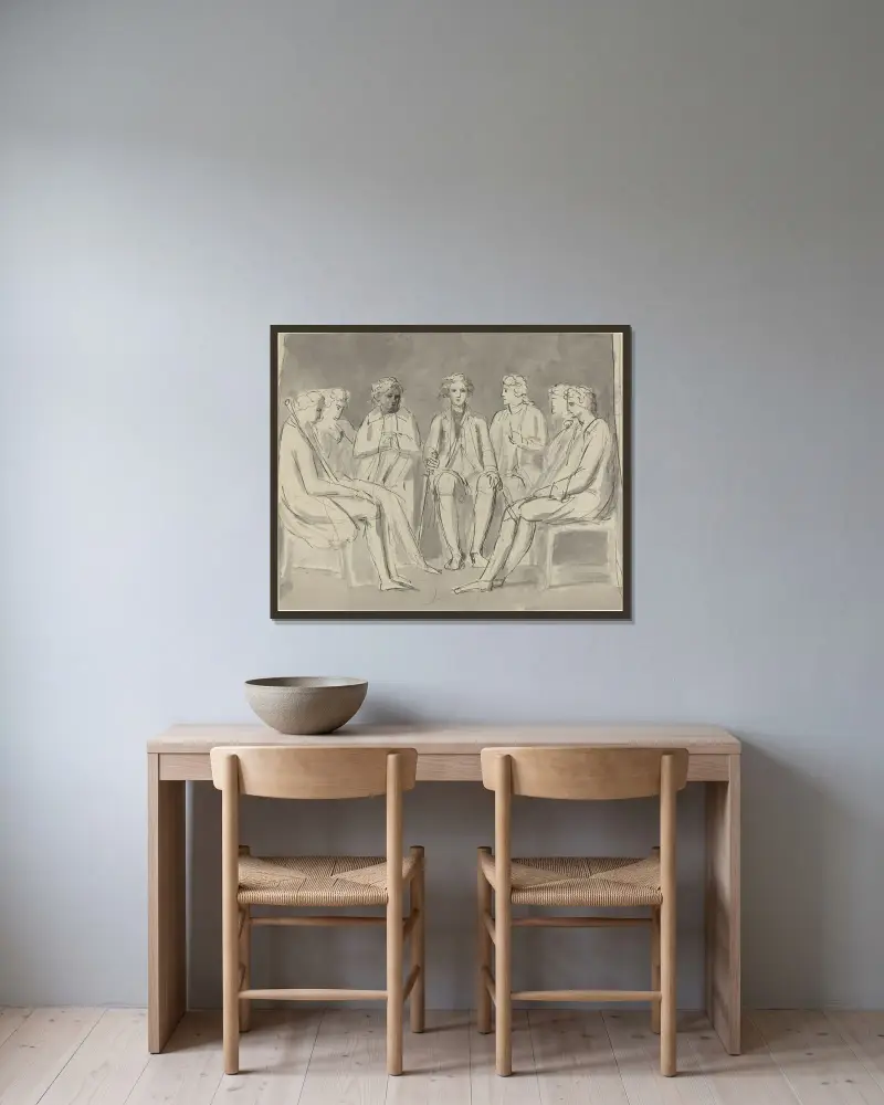 Group of Men Seated in a Circle (recto) av William Blake inramad på en vägg