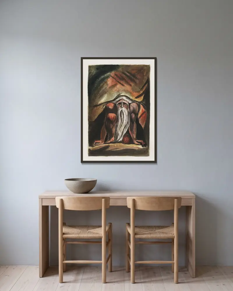 Illustration of a bearded man, crouching av William Blake inramad på en vägg